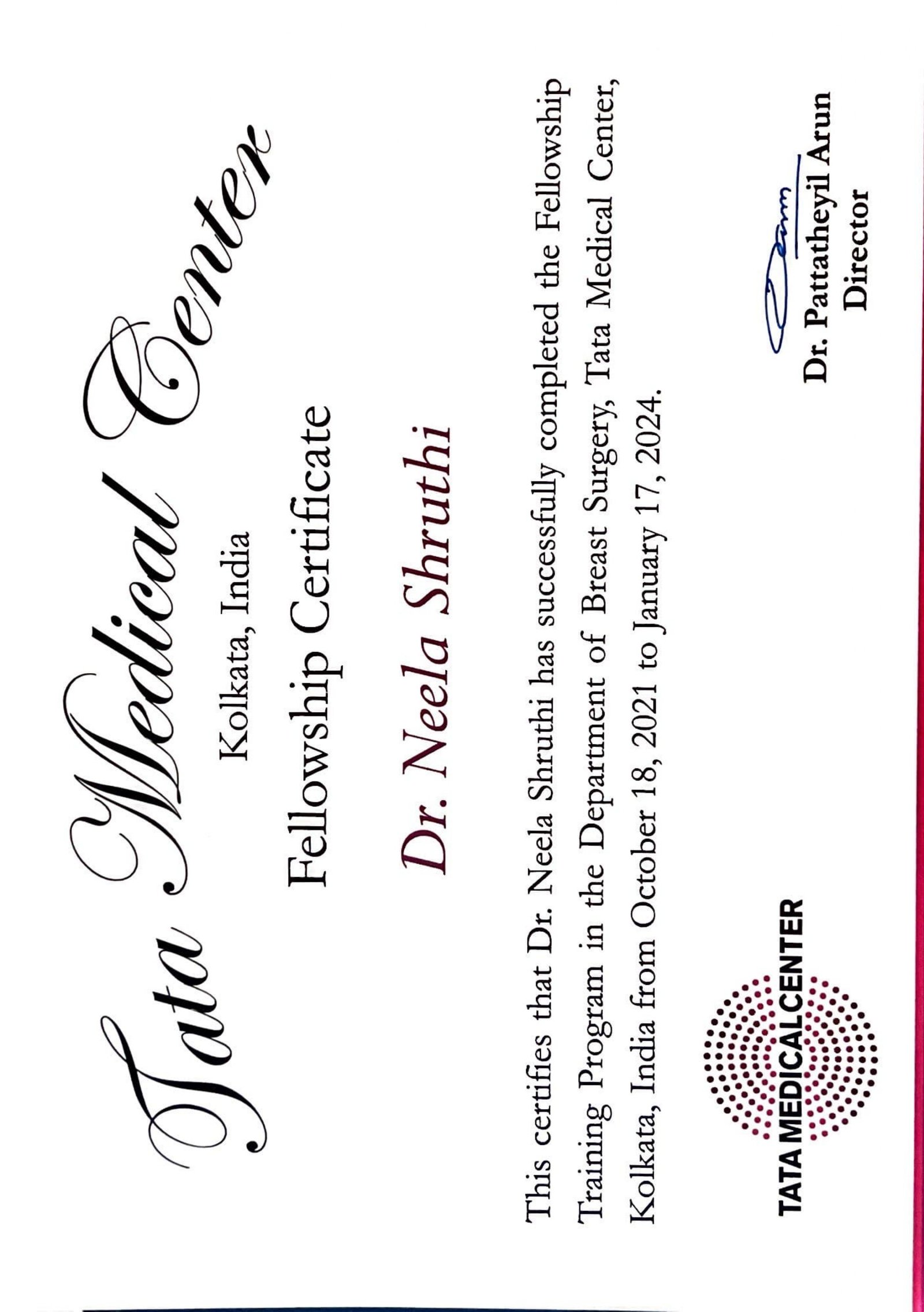 Dr. Shruthi Neela's Fellowship in Breast Oncoplastic Surgery certificate, Tata Medical Centre