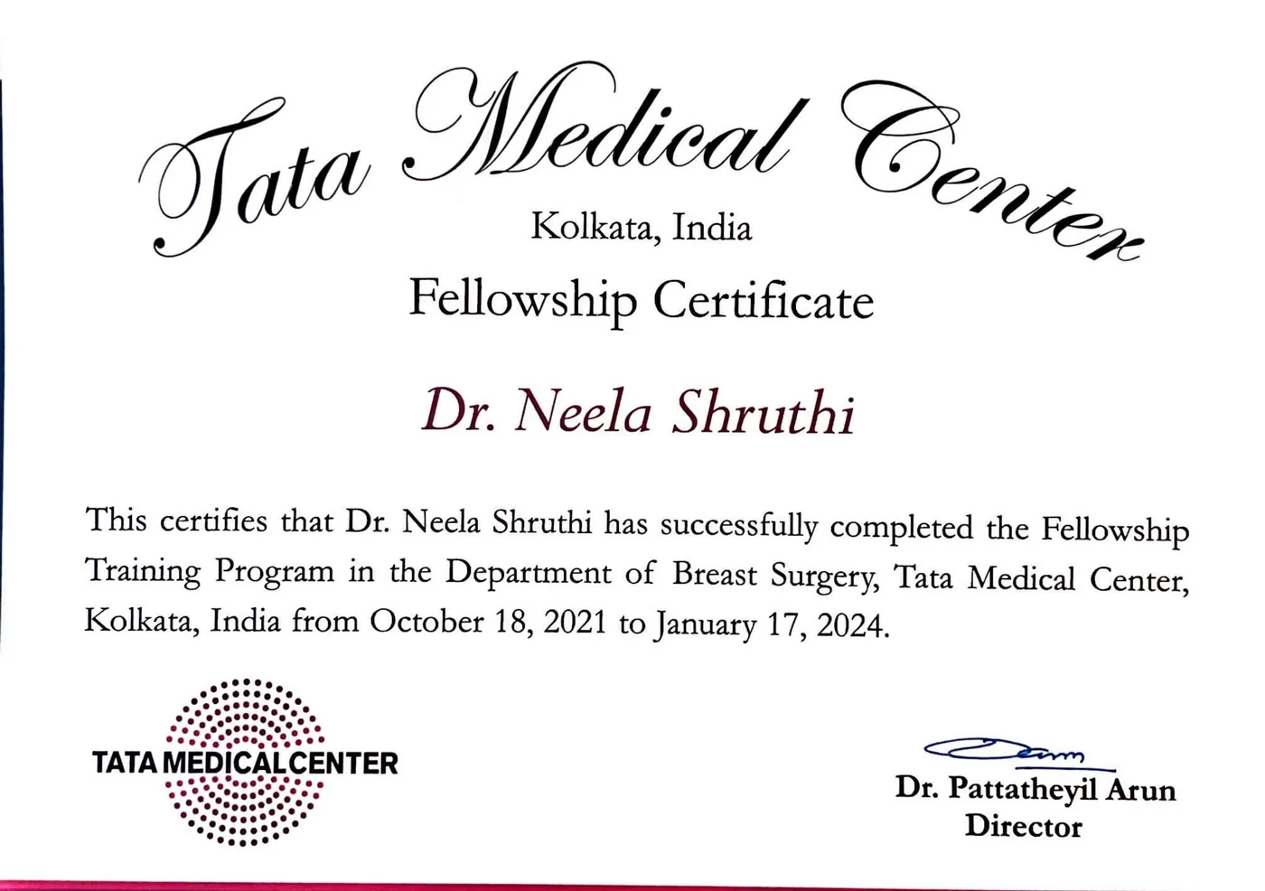 Dr. Shruthi Neela's Fellowship in Breast Oncoplastic Surgery certificate, Tata Medical Centre